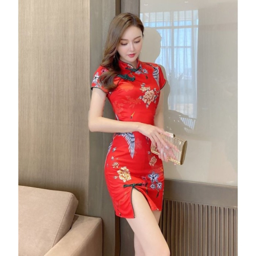 中國風 復古 氣質 印花 日系 喜氣仙鶴 性感改良旗袍 短袖包臀旗袍 開岔 性感超辣 粉紅 紅色 主題趴 大尺碼 婚禮