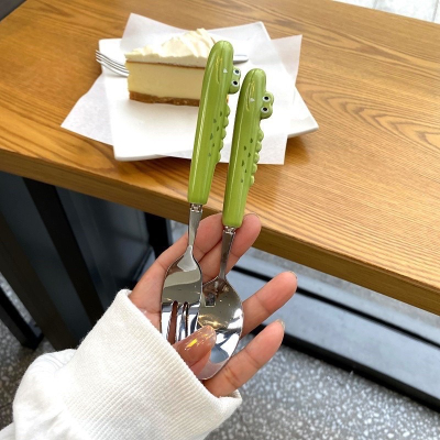 圓滾滾- ins風 日系可愛鱷魚餐具 三件套 湯匙 筷子 叉子 學生環保餐具 不鏽鋼旅行餐具 隨身餐具 環保餐具