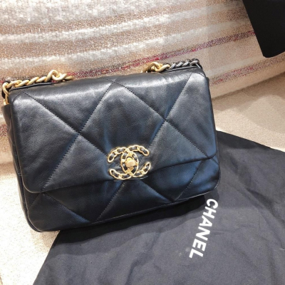 二手Chanel 單肩包 香奈兒黑色小牛皮格紋手提包 爆款19小號鏈條包