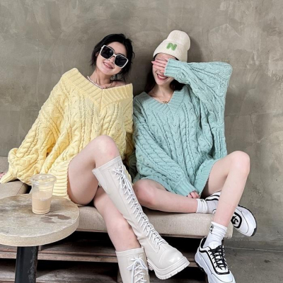 【DOE.FF】彩麻花寬毛衣｜現貨｜寬鬆毛衣 下半身失蹤 長版毛衣 韓國 毛衣女 Ｖ領毛衣 韓國 韓版 oversize