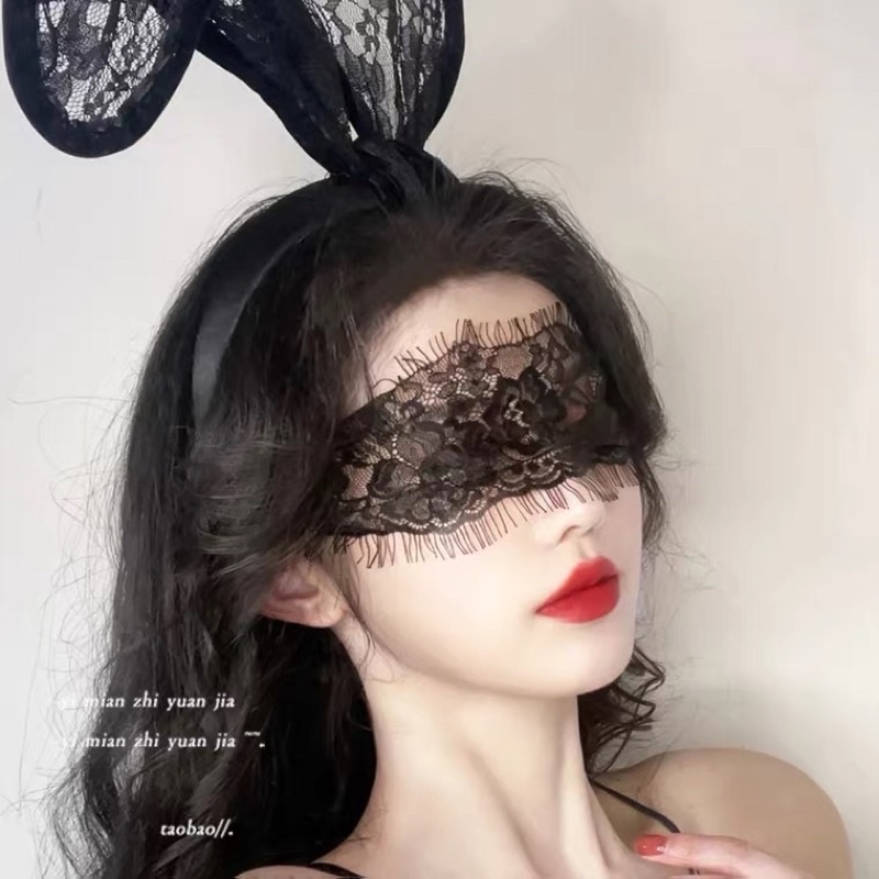 ❤️現貨在台，2件組 性感 女神 兔耳朵 兔女郎 蕾絲 面罩 眼罩 黑色 面紗 面具 髮框 發箍 眼罩 套裝 拍照 造型