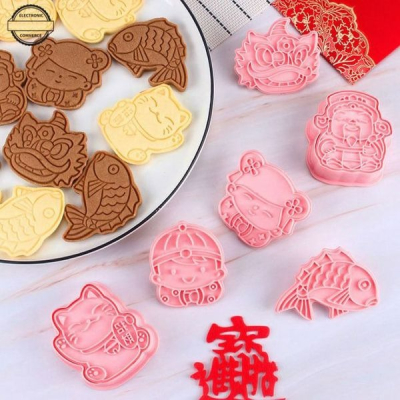 ▪6件組▪新年招財貓鯉魚財神爺3D立體卡通糖霜餅乾模/饅頭飯糰模具/月餅模/塑料按壓式曲奇餅乾模