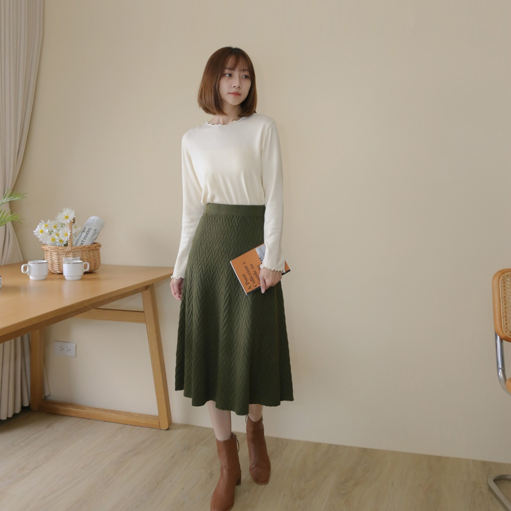 【Our Studio】秋冬輕熟優雅質感傘狀中長裙 杏色 墨綠色(現貨)