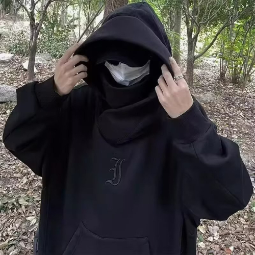 【現貨秒出】新款连帽卫衣男秋冬款加绒高领宽松刺绣高街风嘻哈复古港风外套衛衣情侶套裝忍者衛衣