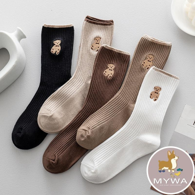 MyWa™️女生襪子系列 秋冬可愛小熊刺繡長襪 保暖中筒襪 韓系時尚ins潮流 W56