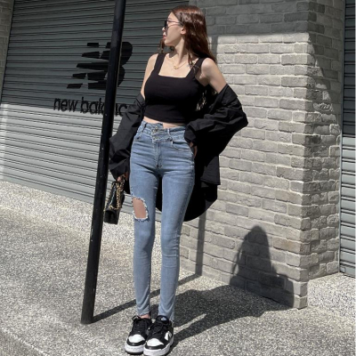 【DOE.FF】割破八分牛仔褲 (現貨) 窄管褲 長褲女 緊身褲 顯瘦長褲 高腰長褲 小腳褲 女裝 牛仔長褲