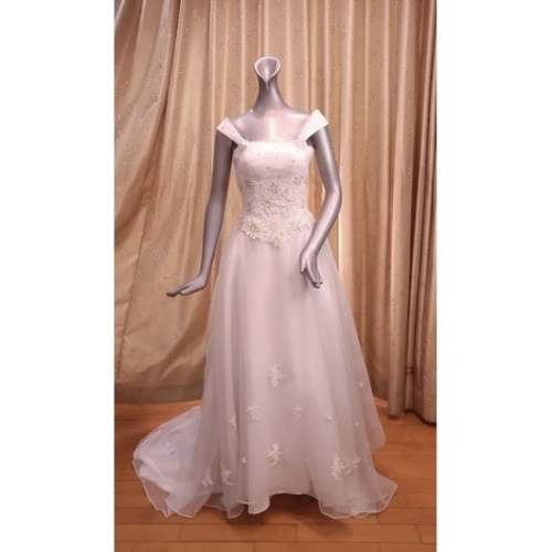 婚紗 二手禮服 wedding dress 手工白紗 有肩帶 玫瑰 雛菊 修身