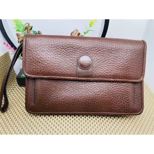 98成新正品~BALLY 咖啡色荔枝紋全牛皮男士壓扣手拿包 低調個性化大哥包