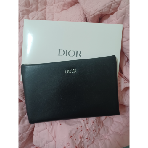dior 迪奧 黑色皮質化妝包 千格紋手拿包 美妝滿額贈