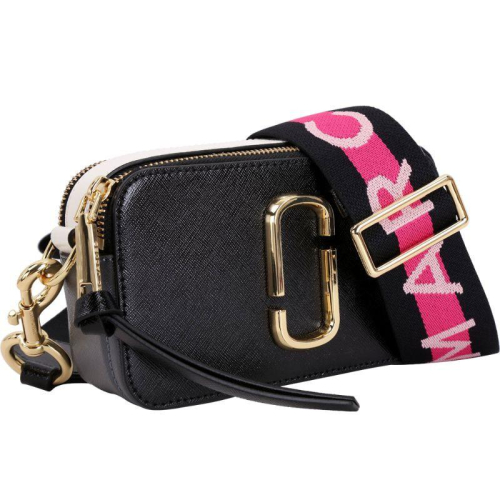 【近全新】MARC JACOBS Snapshot 撞色牛皮斜背相機包(黑灰x字母背帶)