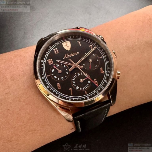 FERRARI手錶,編號FE00095,42mm玫瑰金錶殼,深黑色錶帶款