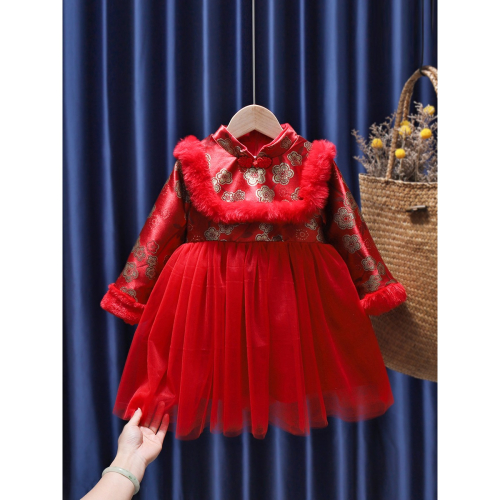 女童加絨唐裝新款中國風寶寶洋氣復古公主連衣裙拜年服禮服新年裝