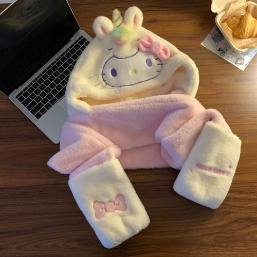 正品 三麗鷗Hellokitty毛絨帽 圍巾一體 冬季可愛防寒保暖手套三件套