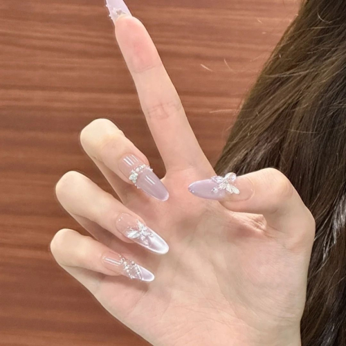 純手工穿戴甲仙氣淡紫貓眼美甲珍珠 蝴蝶高級氛圍感顯白假指甲貼片