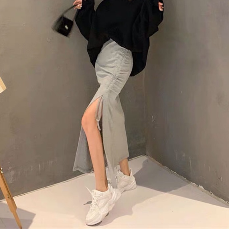 ❤️現貨在台，灰.黑（可穿到XL) 氣質 抽繩 不規則 開叉 百搭 顯瘦 中長款 半身裙 包臀 長裙 顯瘦 性感 女神