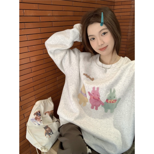 V468✨美式/可愛彩色兔子/刷毛/大學踢/大學T/衛衣/小熊軟糖/鬼馬少女/印花/寬鬆/學院風/長袖上衣/小紅書推薦