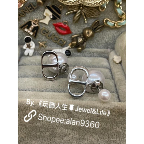 DIOR 超美 基本款 雙珍珠 銀白 CD 二手 亮銀色 造型 耳環