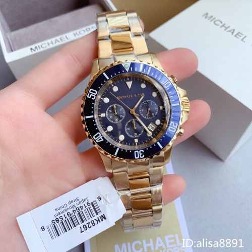 Michael Kors手錶 MK手錶金色藍面鋼帶錶 水鬼系列腕錶 防水手錶男 大直徑石英錶MK8267 男生計時手錶