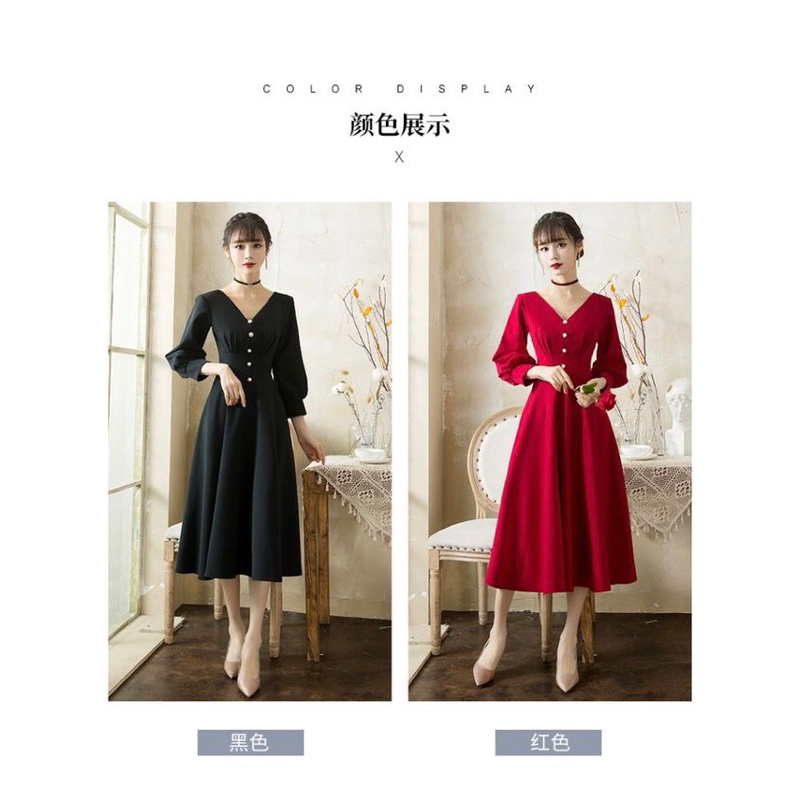 ?心儀 現貨在台，黑L(S-L) 敬酒服 禮服 洋裝 氣質 v領 酒紅色 結婚 訂婚 回門 連衣裙 新娘 長裙 洋裝