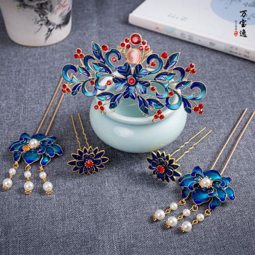 明制頭飾套裝步搖發簪燒藍發冠女漢服發飾古風全套發釵配飾