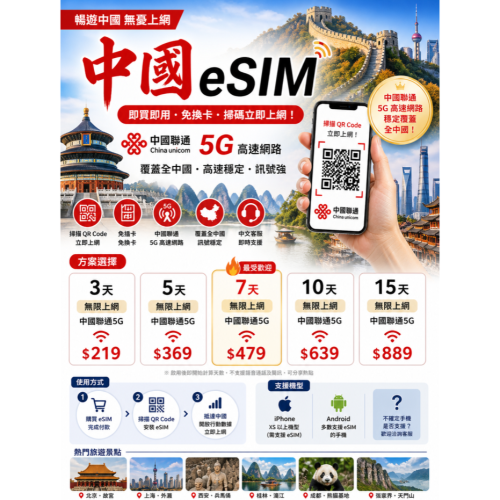 【即買即用】中國eSIM無限上網吃到飽/免插卡/台灣客服/支援iPhone Android