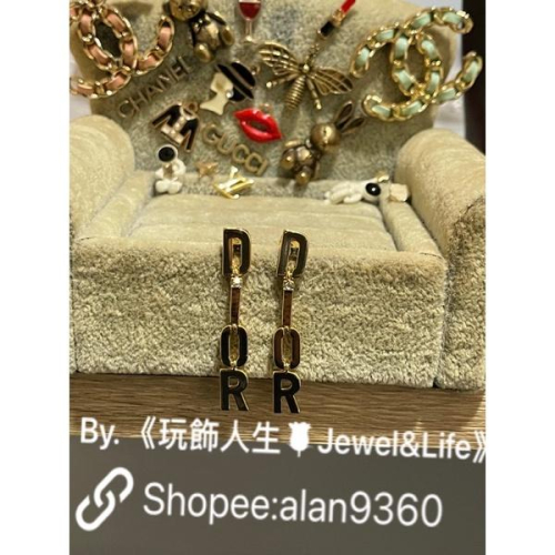 DIOR 簡約 素面 水鑽 亮金色 字母 流蘇 二手 造型 耳環