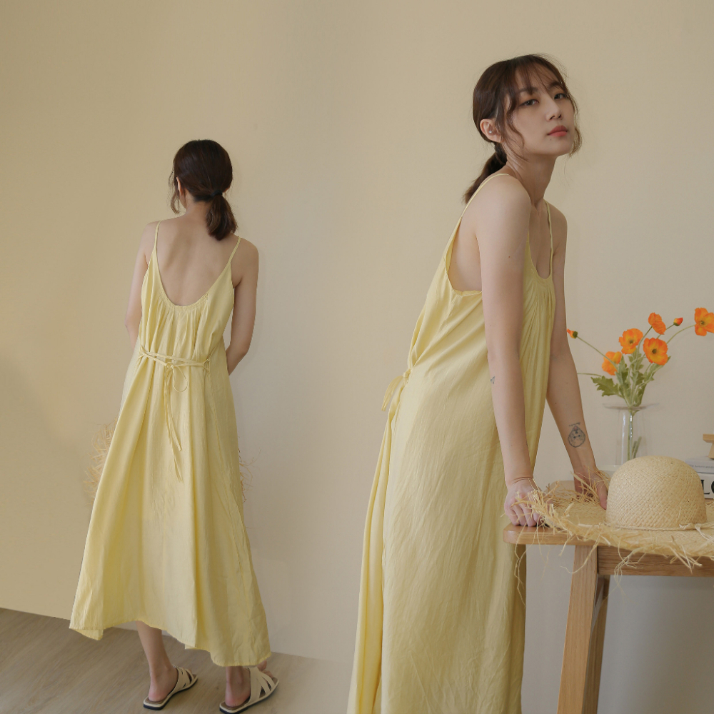 【Our Studio】夏日仙氣小性感露背吊帶長洋裝 鵝黃色(現貨)