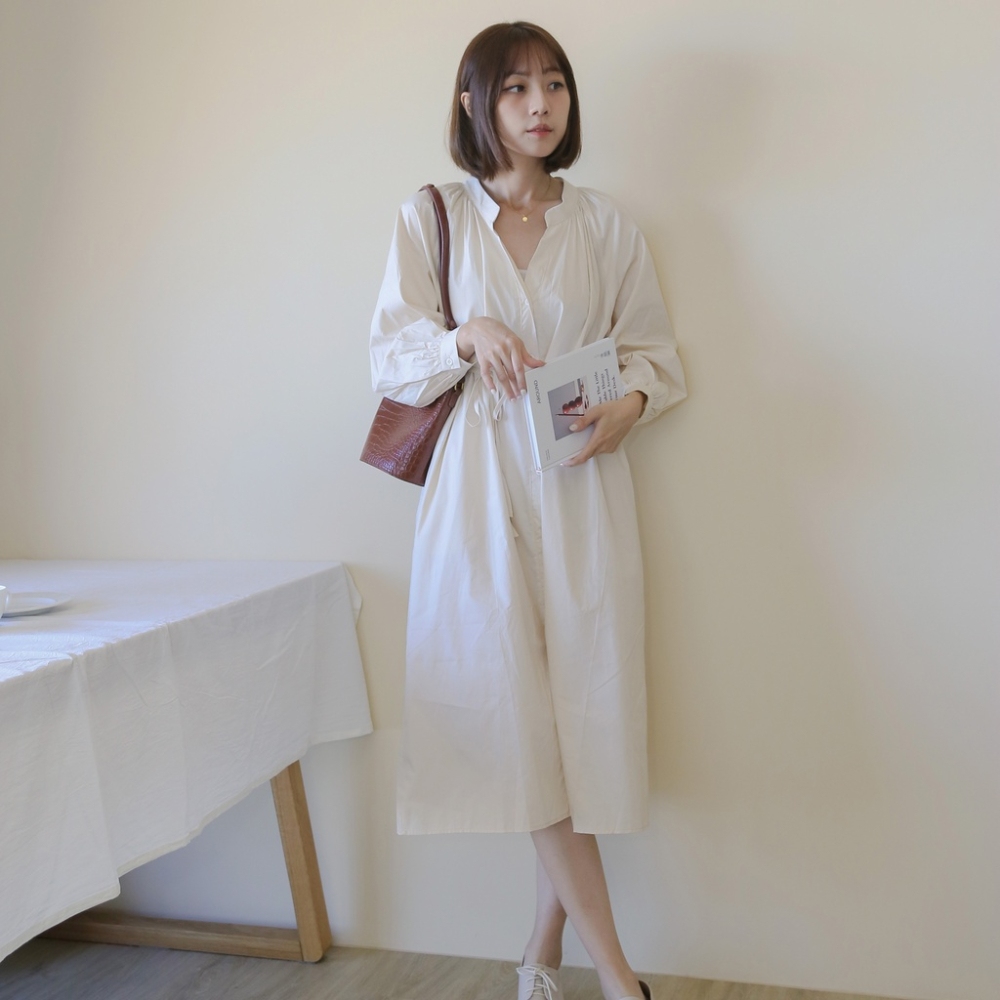 【Our Studio】法式氛圍單排釦燈籠袖洋裝(附綁帶) 杏色 藍紫色(現貨)
