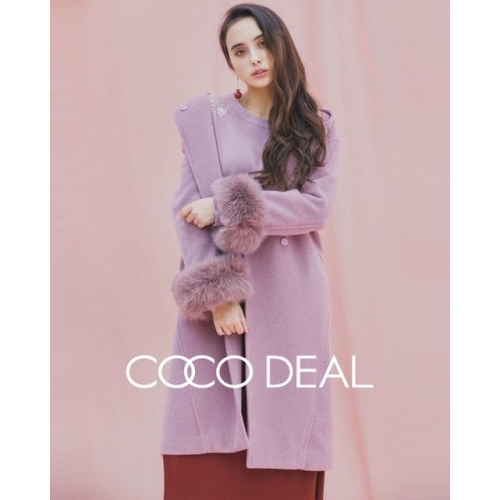Cocodeal 千金風連帽毛毛袖直筒50%羊毛大衣 藕紫1號