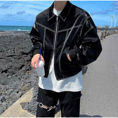 【PORY STORE 】??韓國 短版雙拉鍊反車線外套 皮革外套 短版外套 休閒外套 韓國外套 外套 特殊剪裁 皮外套