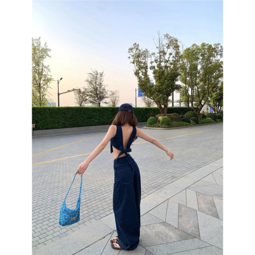 現貨 / 露背綁帶牛仔背心+直筒褲女復古兩件套套裝 5707