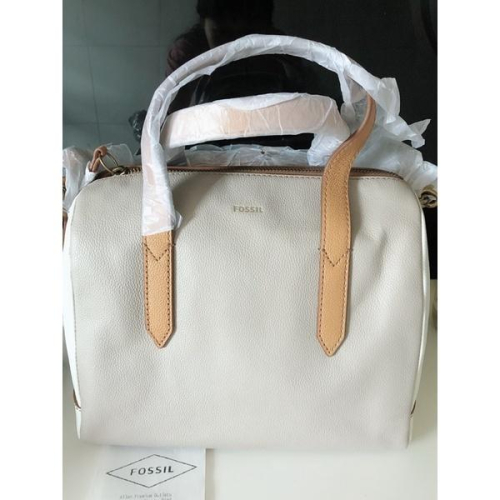 ❤️2days國際美妝精品❤️現貨 Fossil 真皮 女生 白色跳大象灰 牛皮 波士頓包 側背包 手提包 兩用包