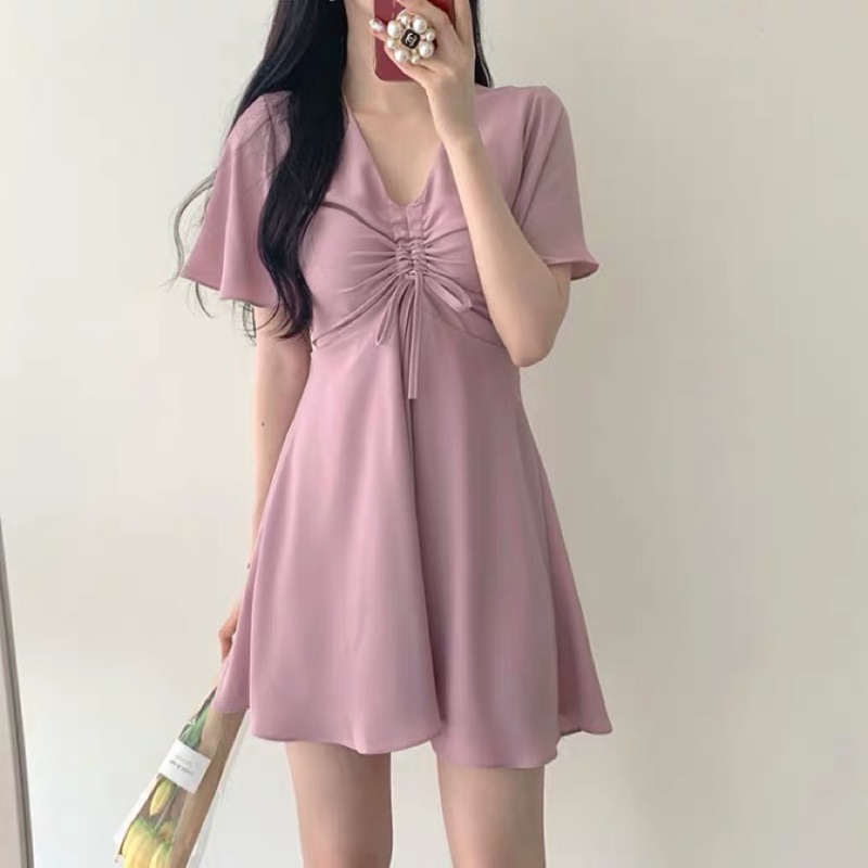 ❤️現貨在台，白.粉.藍S- XL 仙女 可愛 法式 桔梗 雪紡 清新 收腰 顯瘦 抽繩 洋裝 連衣裙 婚宴