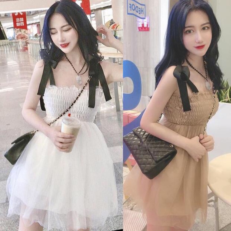 ❤️現貨在台，白 禮服 性感 拼色 吊帶 露肩 鏤空 網紗 抹胸 禮服 蓬蓬裙 連衣裙 洋裝 婚宴 伴娘 顯瘦 平口