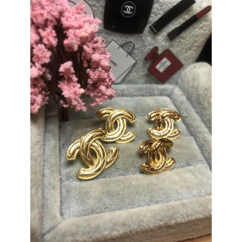 香奈兒 CHANEL 經典 金色 素面 二手 菱格紋 復古 雙C 耳環
