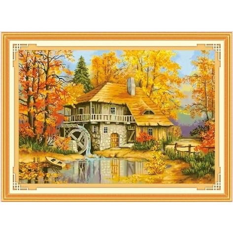 [臺灣現貨含運]十字繡材料包60*80cm中格三股 秋天的小屋 掛畫風景 客廳新款臥室 手工 自己繡