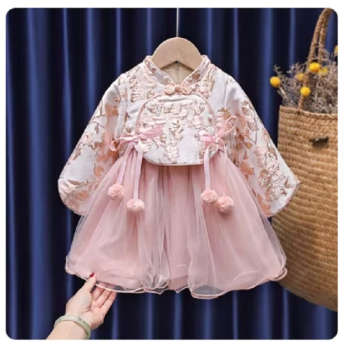 女童漢服秋冬裝兒童中國風新年唐裝嬰兒過年衣服童裝女寶寶拜年服-粉紅色;80碼