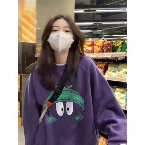 【三番雜貨屋】火星人馬文的大眼睛 大學T 圓領T 寬鬆卡通印花韓版原宿風上衣 古著 慵懶寬鬆長袖上衣T恤 美式復古風