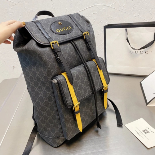 Gucci古馳雙肩包 男生背包 大容量翻蓋包 旅行包 經典老花色拼牛皮後背包 通勤百搭休閒包 運動包 電腦包 書包