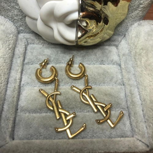 Saint Laurent Paris YSL 經典 復古金 大logo 垂墜 c圈 二手 耳環