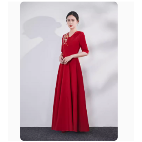 紅色禮儀舞台表演服長禮服