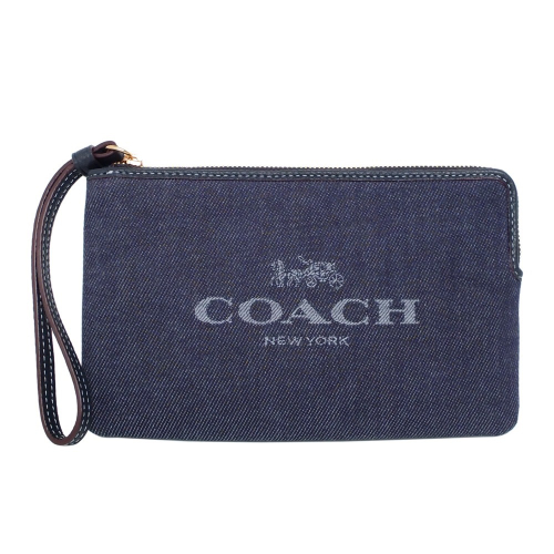Coach單寧藍牛仔布繡字拉鍊中款手拿包