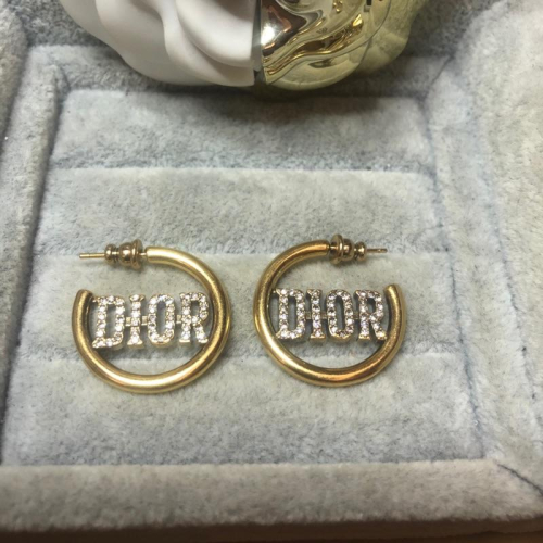 DIOR 經典 C圈 logo 水鑽 二手 復古金色 耳環