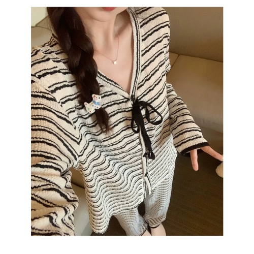 條紋睡衣長袖開衫棉綢家居服套裝