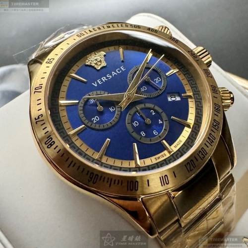 VERSACE手錶,編號VS11730,46mm金色圓形精鋼錶殼,寶藍色三眼, 中三針顯示, 運動錶面,金色精鋼錶帶款
