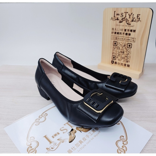 ♀️女：大C鑽蝴蝶結氣墊粗跟娃娃鞋(黑)