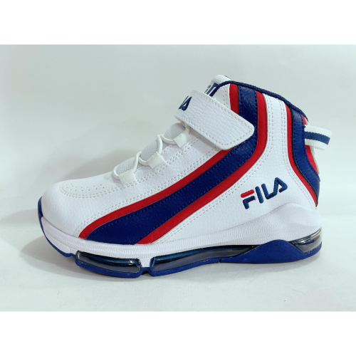 金英鞋坊2館 FILA 男童 抗菌防臭輕量機能氣墊籃球運動鞋(台灣製)3-B802W-123-白藍 超低直購價950元