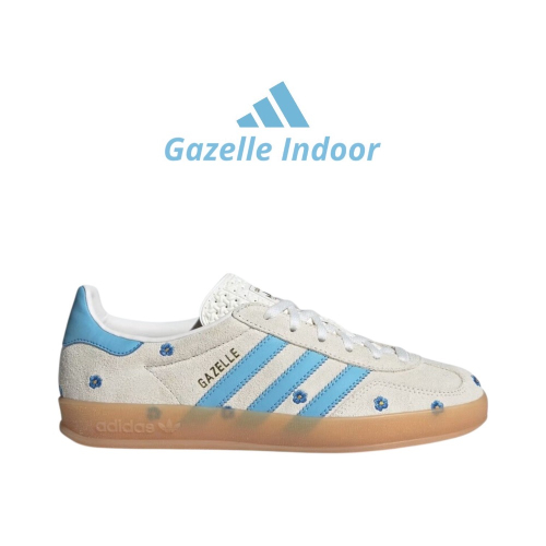 ?adidas Gazelle Indoor 休閒鞋 天空藍白色｜天空藍色｜白色｜奶茶底｜花朵｜刺繡｜皮革｜麂皮｜平底