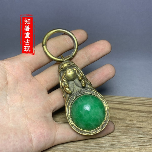 仿古古玩雜項收藏復古民國黃銅龍頭鑲嵌翡翠珠皮帶扣鑰匙扣皮帶扣