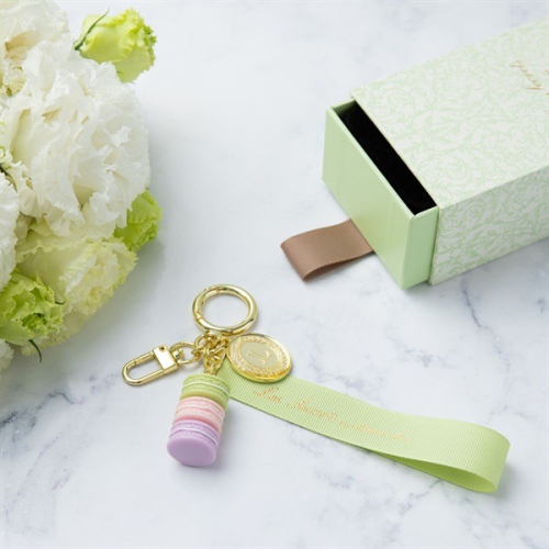 ArielWish日本東京銀座限定LADUREE 湖水綠長緞帶tiffany藍三顆馬卡龍金牌LOGO鑰匙圈2024限量版